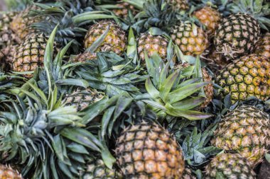 Olgun sulu sarı ananas arka plan. Ananas kazık piyasada, Tanzanya