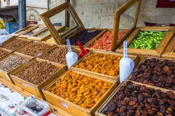 Turecký Trh Suché Plody Ořechy Piloty Trhu Urgup Anatolie Turecko — Stock fotografie
