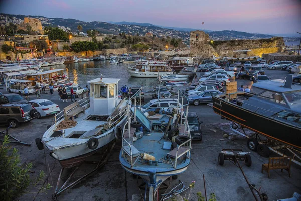Byblos Antico Porto Durante Tramonto Barche Nel Porto Byblos Libano — Foto Stock