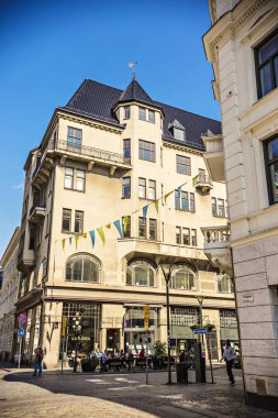  Malmo cityscape güneşli. Tarihsel Malmo içinde şehir merkezinde, İsveç evler