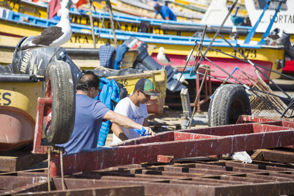 People working on the fish market in Valparaiso, Chile. Fisherman cutting fresh fish on the market, Chile, South America