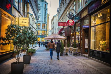 Viyana cityscape. Dükkan ve restoran ile Viyana şehir merkezinde, Avusturya geçen insanlar sokak