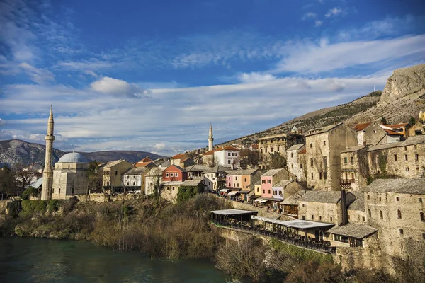 Vacker Utsikt Över Gamla Historiska Staden Mostar Med Stenhus Och — Stockfoto
