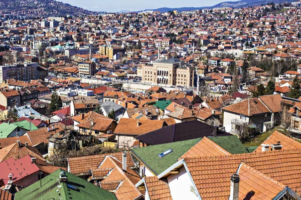 Vista Aérea Los Tejados Del Casco Antiguo Sarajevo Casas Las —  Fotos de Stock