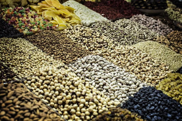 Dry fruit and nuts close up on the counter at Bessarabka market in Kiev, Ukraine