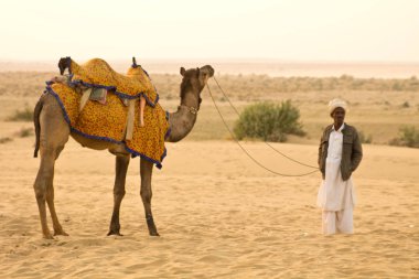 Jaisalmer, Hindistan - Aralık 2015: Rajasthani adam ile onun deve Jaisalmer şehri, Hindistan Thar Çölü'nde 