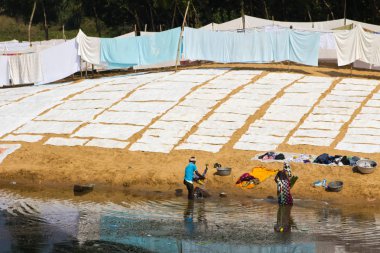 Puri, Hindistan - Ocak, 2016: Çamaşırhane Puri, Orissa, Hindistan Nehri kıyısında