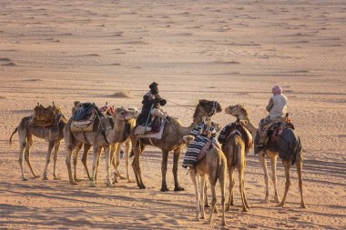 Wadi Rum, Ürdün - Mart 2019: Deve karavan çölde Wadi Rum, Orta Doğu, Ürdün