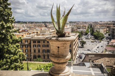 Vatican, Rome - June 2018: Flower pot on the balcony of Vatican museum, aerial view of Vatican City from Museum window, Rome