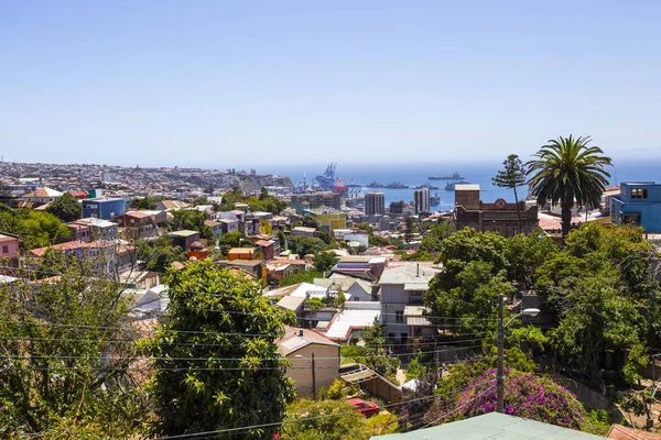 Valparaiso, Şili - Şubat 2019: Valparaiso Şehir Manzarası, tepelerde renkli evler, Şili
