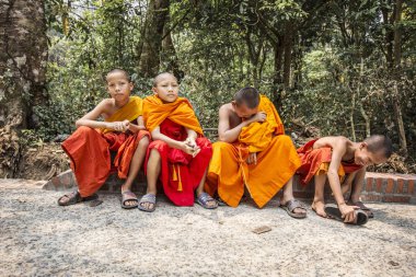 Laos turuncu Budist elbise giyen Budist keşiş çocuklar