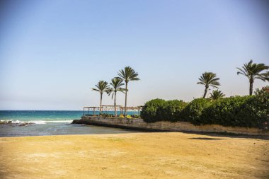Sayda (Sidon) kıyı şeridi, Sidon Deniz Kalesi manzaralı, Lübnan kıyısında palmiye ağaçları var..