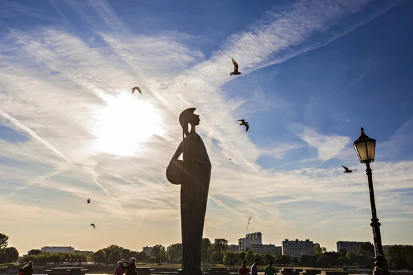 Antwerp Belgium May 2019 Statue Goddess Minerva River Scheldt Sunset — Stock Photo, Image