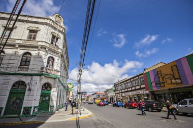 Punta Arenas, Şili - Şubat 2019: Punta Arenas Cityscape, eski evler, Patagonya, Güney Amerika, Şili
