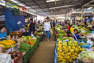 LUANG PRABANG, LAOS - April 2019: Fruit market counter with piles of juicy fruits: mango, banana, dragon fruit in Luang Prabang, Laos