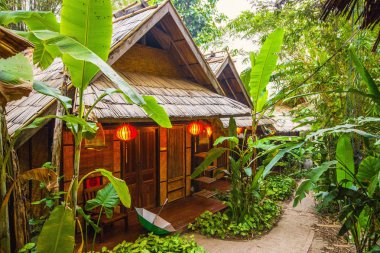 LUANG PRABANG, LAOS - Mart 2019: Luang Prabang, Laos 'taki tropik bahçede geleneksel Lao tarzı villa