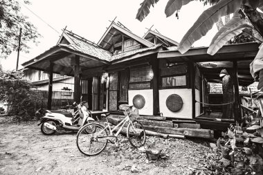 LUANG PRABANG, LAOS - Mart 2019: Luang Prabang, Laos 'taki tropikal bahçede geleneksel Lao tarzı villa