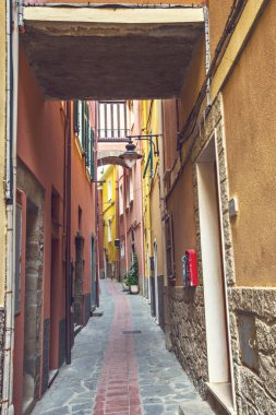 Riomaggiore, İtalya - Haziran 2019: Geleneksel İtalyan mimarisi, renkli evler ve Riomaggiore, İtalyan Riviera, Cinque Terre, Liguria, İtalya