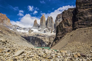 Patagonya Şili Torres del Paine Milli Parkı. Torres dağlarının fron turkuaz su gölü, Patagonya Şili