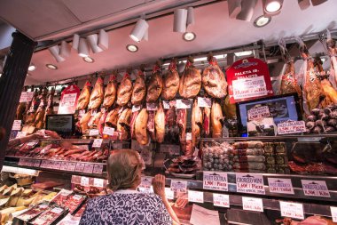 Museo de Jamon in Madrid. Interior of the shop and Museum selling big choice of Traditional Spanish Jamon, Madrid, Spain