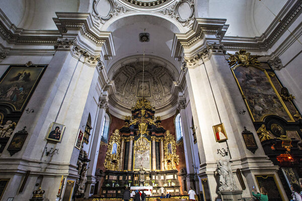 KRAKOW, POLAND - August 2019: St. Andrew Church interior in Old Town of Krakw, historical Romanesque church built between 1079 and 1098 by Polish statesman Palatine Sieciech, Poland