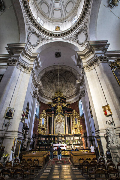 KRAKOW, POLAND - August 2019: St. Andrew Church interior in Old Town of Krakw, historical Romanesque church built between 1079 and 1098 by Polish statesman Palatine Sieciech, Poland