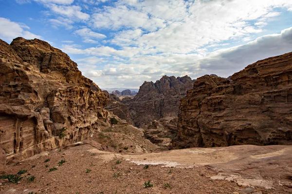 Montañas Rocosas Arenisca Paisaje Jordania Desierto Cerca Petra Antigua Ciudad — Foto de Stock