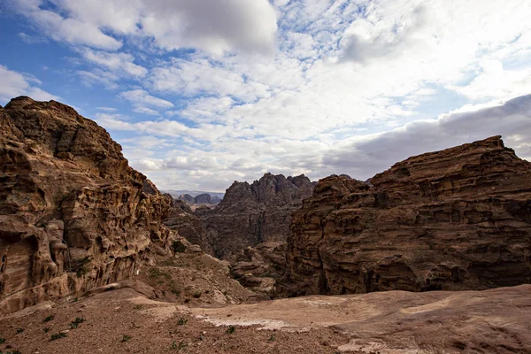 Montañas Rocosas Arenisca Paisaje Jordania Desierto Cerca Petra Antigua Ciudad — Foto de Stock