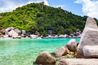 Deniz manzarası ve büyük kayalar, Koh Tao, Tayland 'ın güzel kıyıları.