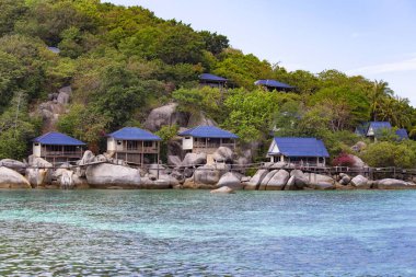 KOH TAO, THAILAND - Mart 2019: Koh Tao, Tayland 'daki tropik villaların havadan görünüşü