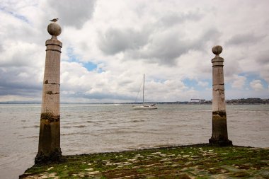 Cais das Colunas, the entrance of Lisbon, two pillars in the Tagus river, Portugal
