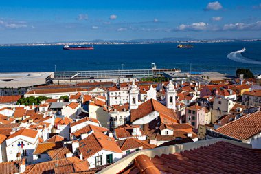 Çatı şehir manzarası, arka planda deniz kenarı olan rahat evlerin kırmızı çatıları.