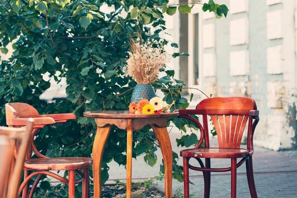 Acogedores Muebles Madera Café Aire Libre Kiev Ucrania Flores Sobre — Foto de Stock