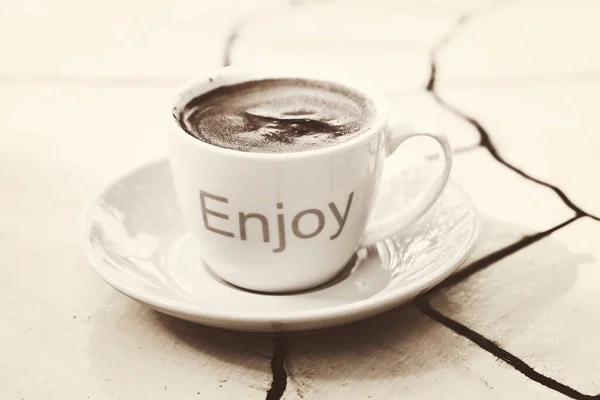 Café Expresso Dans Une Petite Tasse Avec Enjoy Mot Écrit — Photo