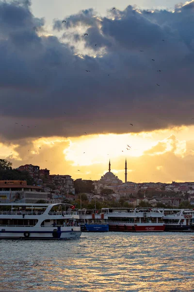 Solnedgång Utsikt Över Istanbul Sultanahmet Området Från Galatabron Turkiet — Stockfoto