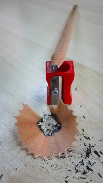 Pencil Sharpener Isolated Wood Background — Stock Photo, Image