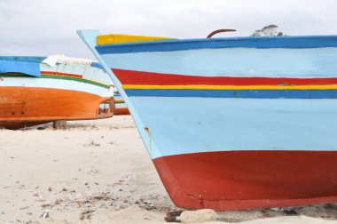 Hammamet, Tunus - 7 Şubat 2009: Tunuslu balıkçı tekneleri geleneksel renkleriyle sahilde.