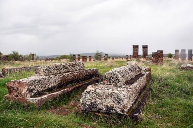 Bitlis, Türkiye - 21 Mayıs 2011: Ahlat Seljukian Mezarlığı. Seljuk Dönemi Mezar Taşları.