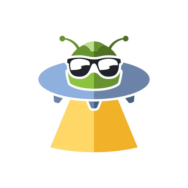 Yeşil uzaylı mavi Ufo logo şablonu siyah gözlüklü. Vektör çizim.