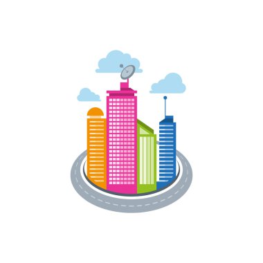 Düz stil kasabada yoldan çevrilidir. Beyaz arka plan ile izole renkli şehir. Vektör çizim.