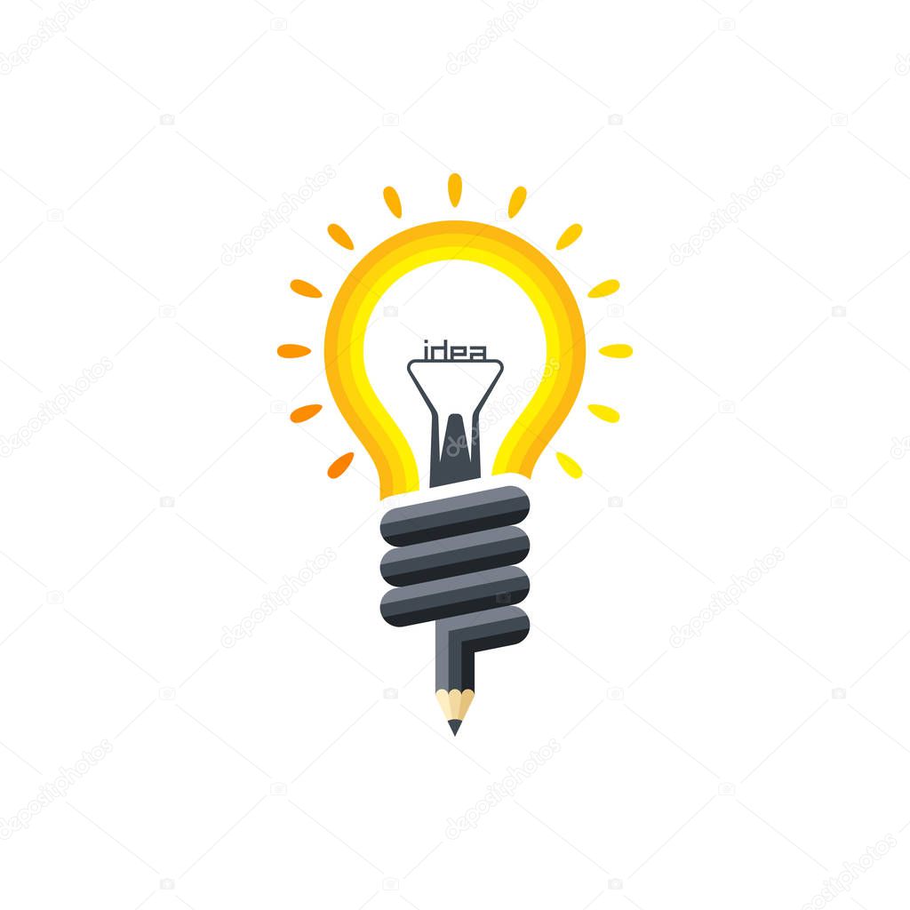 Light bulb pencil logo template. Pencil in the form of a glowing bulb with the inscription idea. Vector illustration.