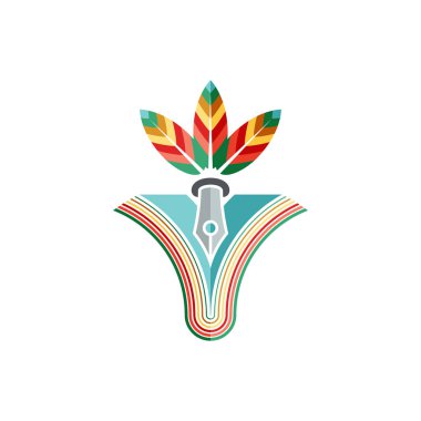 Renkli kitap logo şablonu çok renkli tüyler kalemle. Kitap yayıncıları ve baskı şirketi için. Vektör çizim.