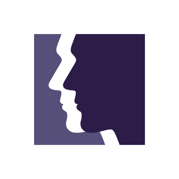 Adam baş logo şablonu. Bir adamın kare mor renkli güzel yüzü. Vektör çizim.