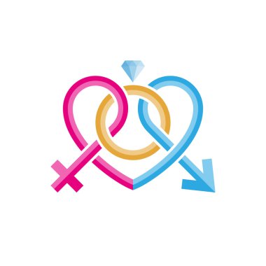 Güzel pleksus erkek ve dişi nişan yüzüğü, logo şablonu imzala. Evlilik ajansları, olay dekorasyon, Düğün ve gelin Mağazalar için. Vektör çizim.