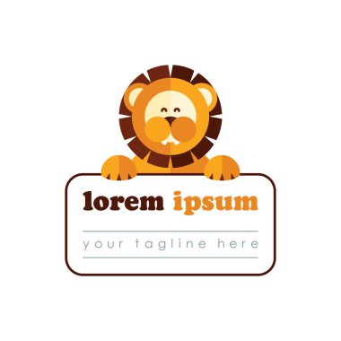 Komik çizilmiş turuncu Başkanı Aslan logo şablonu. Çocuk eğitim kulüpleri, oyuncak mağazaları ve kreşler için. Vektör çizim.