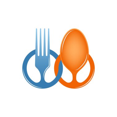 Mavi çatal ve turuncu kaşık logo şablonu. Çatal ve kaşık daire içinde iç içe geçmiş. Vektör çizim.
