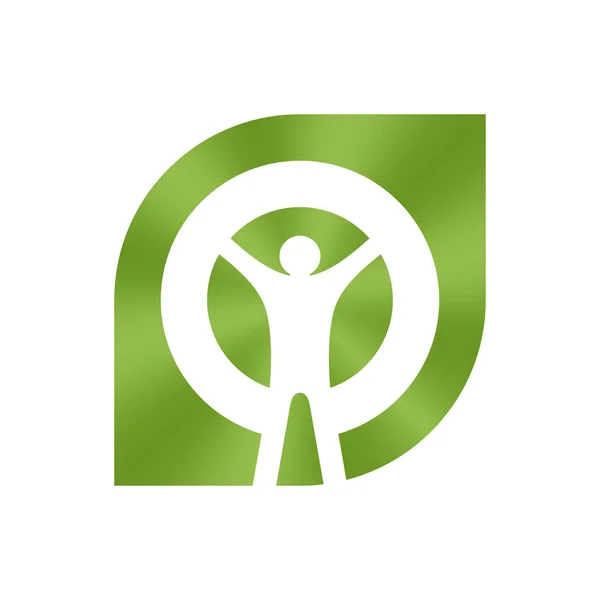 Mutlu adam yaprak yeşil logo şablonu ağacında şeklini andıran silüeti. Eğlence parkları için. Vektör çizim.