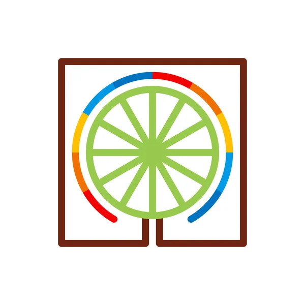 Sıra dışı renkli dönme dolap kare şekli logosu şablonu. Eğlence parkları ve çok renkli anahat stili konumlar için. Vektör çizim.