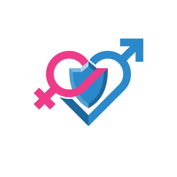 Kalp ile erkek ve dişi sembolü logo şablonu. Güzel soyut kalp ile mavi kalkan içinde. Vektör çizim.