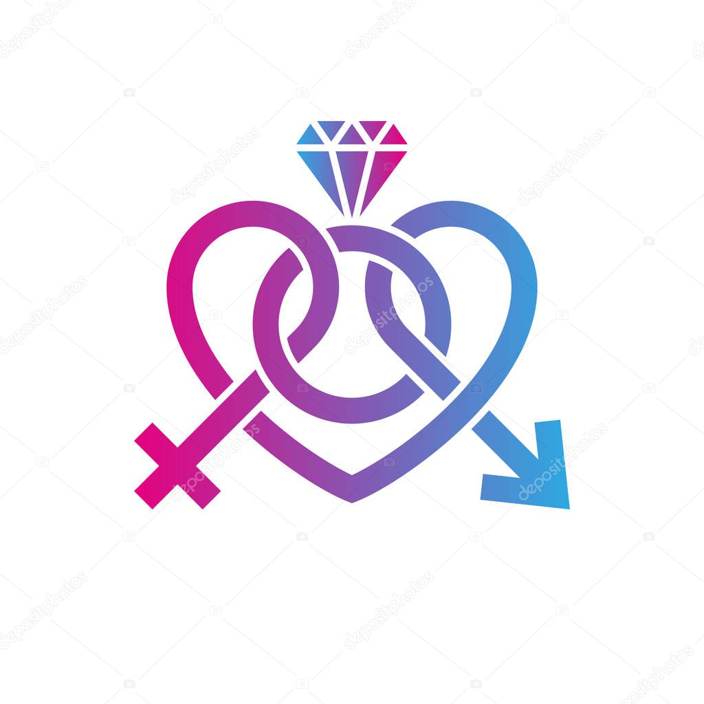 Beautiful plexus male and female sign in the engagement ring, logo template. To marriage agencies, event decoration, weddings and bridal shops. Vector illustration.